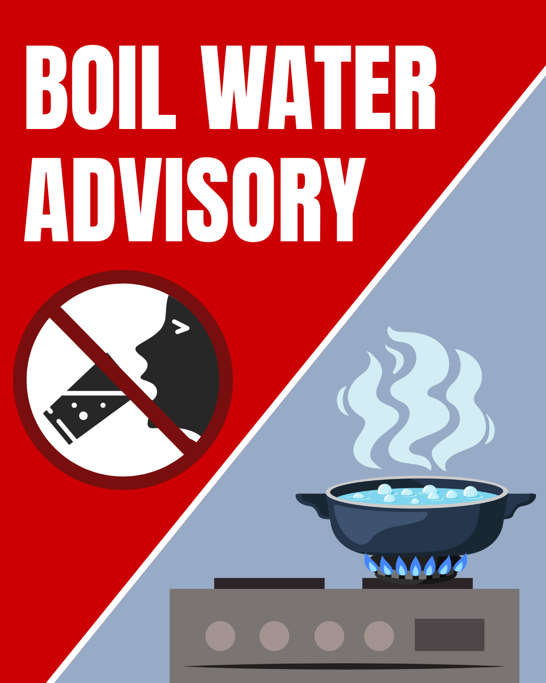 Red Boil Water Advisory graphic with boiling water on stove and no drinking sign
